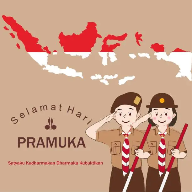 Vector illustration of Happy Scout Day August 14 Indonesian Festival Day. Selamat Hari Pramuka. Vector Illustration. Boy and girl Student celebrate pramuka day.