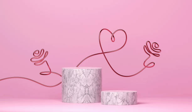 Abstract pastel pink background. Valentines Day festive concept with pink golden heart line art and pedestal. Modern minimal showcase scene with empty podium steps for product presentation. 3D rendering illustration. fondo abstracto de color rosa pastel. concepto festivo del día de san valentín con arte de línea de corazón dorado rosa y pedestal. escena moderna de escaparate minimalista con escalones de podio vacíos para la presentación del producto. ilustración