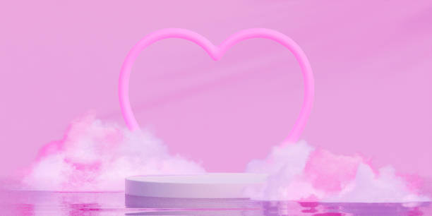 istock Happy valentines day podium decoration with heart shape pink neon light. 3D rendering illustration 1581983760