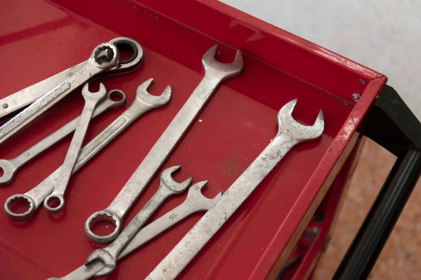 istock Hardware tools on red colour tray in mechanic service shop 1581987965