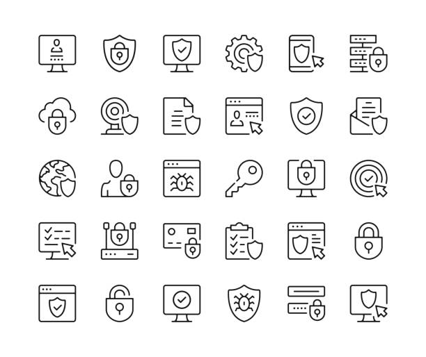 Internet security icons. Vector line icons set. Data protection, cybersecurity, secure technology, computer privacy concepts. Black outline stroke symbols - ilustração de arte vetorial
