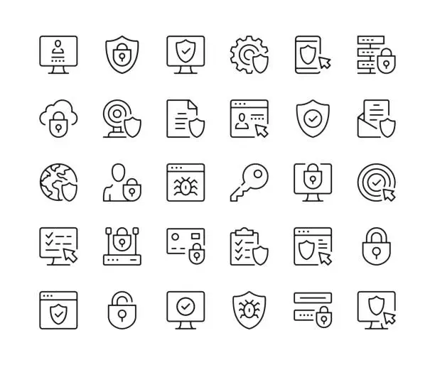 Vector illustration of Internet security icons. Vector line icons set. Data protection, cybersecurity, secure technology, computer privacy concepts. Black outline stroke symbols