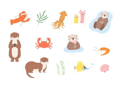 Various species of creatures living in the sea. flat vector illustration.