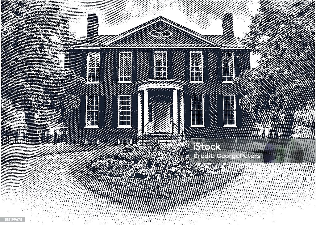 Colonial House Etching illustration of a beautiful Colonial Home. House stock vector