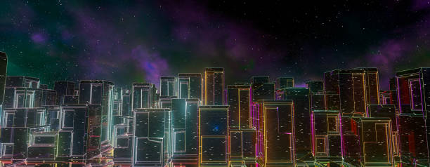 istock Futuristic Abstract Neon Cyber City Skyline/ #d Illustration. 1582008198