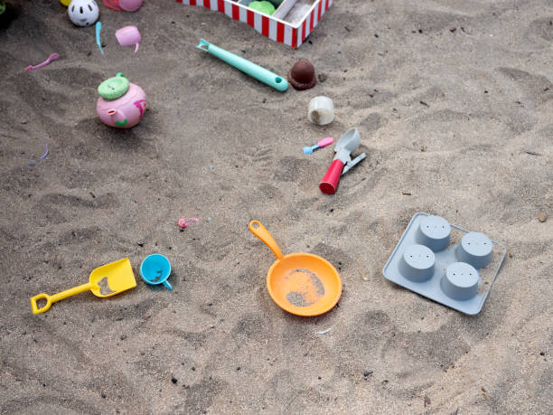 istock Sandpit with toys background,Sand beach with toys 1582009210