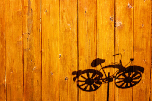 Bicycle garden ornament silhouetted on a wooden fence panel