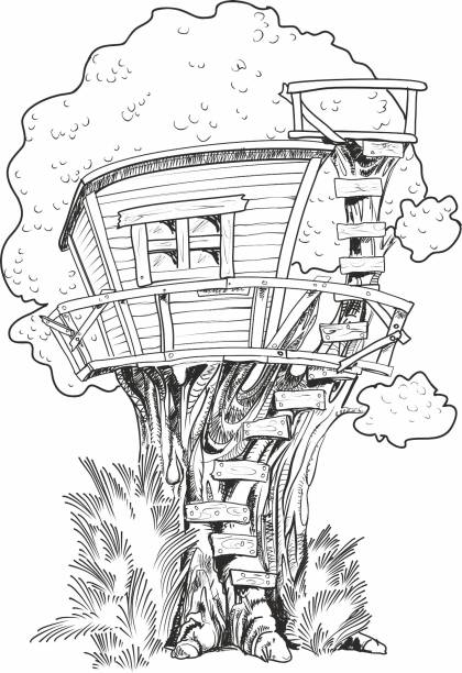 vektor-illustration von einem baumhaus in das freehand stil - baumhaus stock-grafiken, -clipart, -cartoons und -symbole