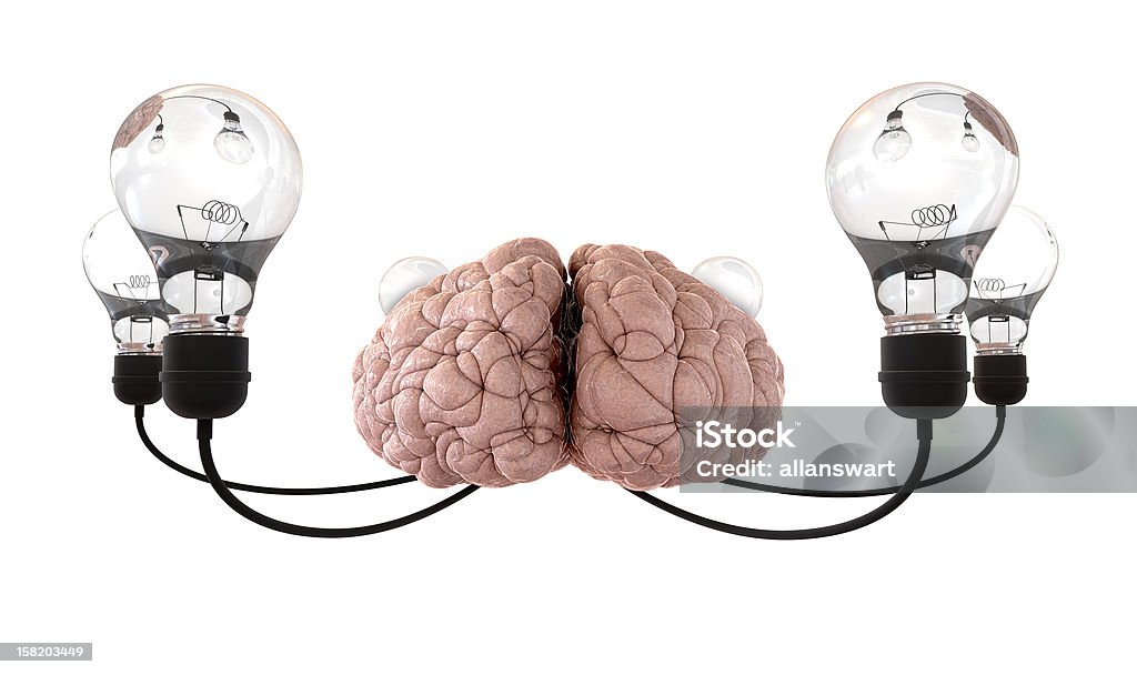 Cerebro y la bombilla imaginación blanco - Foto de stock de Cable libre de derechos