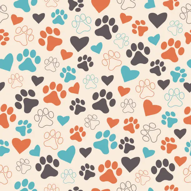 Vector illustration of Paw animal print silhouettes. Seamless pattern with paws