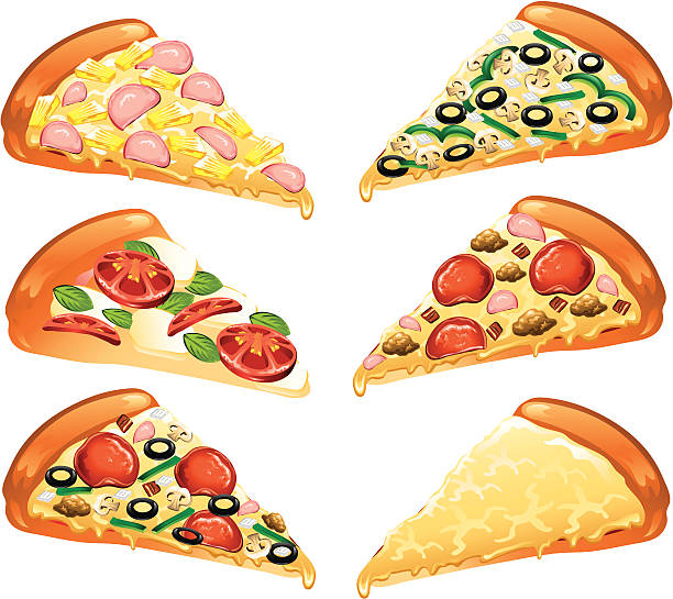 Pizza icons Illustration of six different style pizza slices. pizza slice stock illustrations