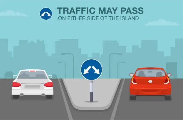 Vector illustration of Safe driving tips and traffic regulation rules. Traffic may pass on either side of the island or obstruction. Back view of a traffic flow on city highway.