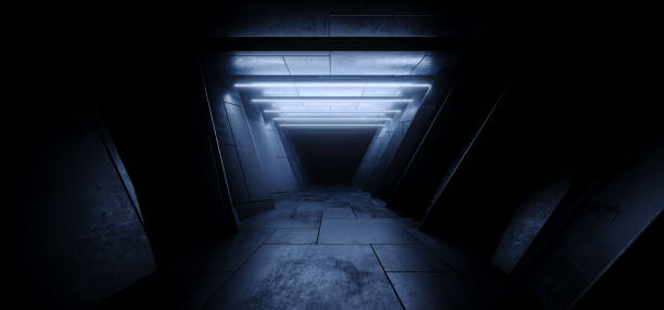 istock Sci Fi Futuristic Alien Spaceship Concrete Stone Cement Blue Cold Dark Glowing Corridor Tunnel Showroom Hangar Underground Hallway Basement 3D Rendering 1582069204