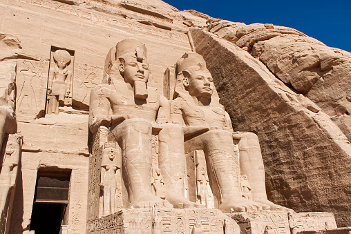 Abu Simbel - Egypt - March 20, 2023:  Main statues of Pharaoh Ramses II at Abu Simbel temple. Egypt