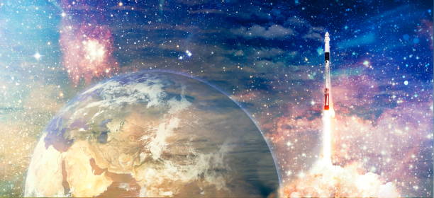 istock rockets launch into space on the starry sky. spacecraft flies into space with clouds of smoke. Elements of this image furnished by NASA 1582071252