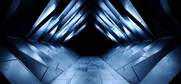 istock Triangle Sci Fi Futuristic Alien Spaceship Concrete Stone Cement Blue Cold Dark Glowing Corridor Tunnel Showroom Hangar Underground Hallway Basement 3D Rendering 1582071254