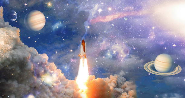 istock rockets launch into space on the starry sky. spacecraft flies into space with clouds of smoke. Elements of this image furnished by NASA 1582071257