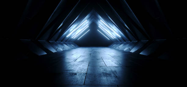 istock Triangle Sci Fi Futuristic Alien Spaceship Concrete Stone Cement Blue Cold Dark Glowing Corridor Tunnel Showroom Hangar Underground Hallway Basement 3D Rendering 1582071766