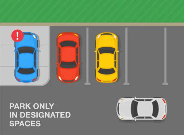 Vector illustration of Safe parking tips and rules. Top view of correct and incorrect perpendicular parked cars. Park only in designated spaces.