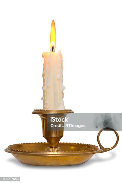 Candle In Brass Holder Isolated Stockfoto en meer beelden van Kaars - Kaars, Kandelaar, Uitsnede