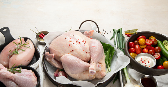 Poultry. Carcass and meat in pieces with vegetables. Meat composition on a white background. Top view. Panorama with copy space.