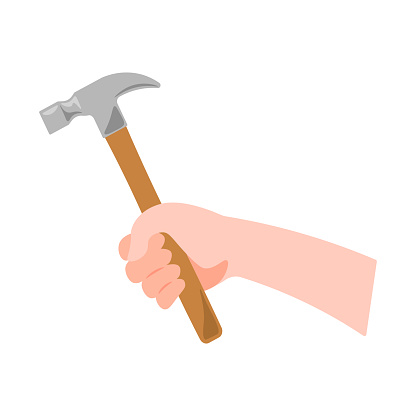 Hand Holding Hammer with Wooden Handle. Vector illustration isolated on a white background.
