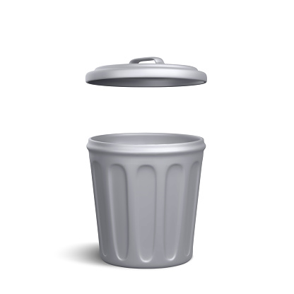 3d realistic silver open trash can isolated on white background. Vector illustration.