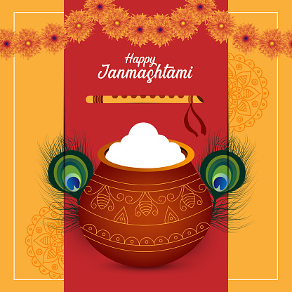 Happy janmashtami greeting design with dahi and handi