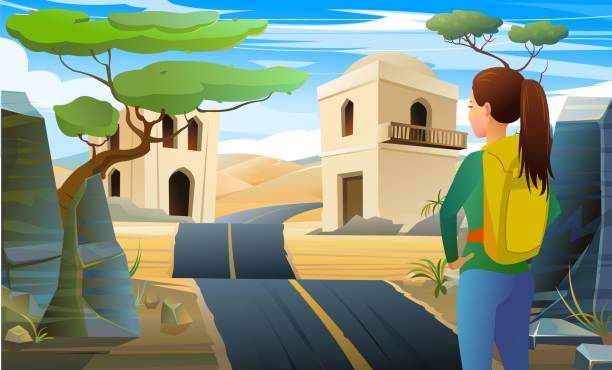 ilustrações de stock, clip art, desenhos animados e ícones de village in desert. girl with backpack looks ahead. road to town in traditional style. hiking trip. cartoon style. vector - desert egyptian culture village town