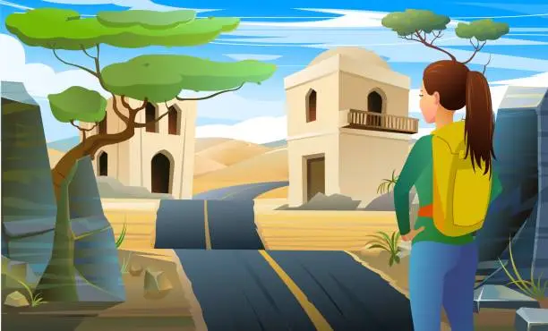 Vector illustration of Village in desert. girl with backpack looks ahead. road to town in traditional style. Hiking trip. Cartoon style. Vector