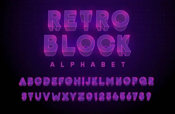 Vector illustration of Retro block premium alphabet in purple violet colors. Vector 3d neon font. Text elements based on retrowave, synthwave, videogame graphic styles. Typeface based on 80s, 90s and y2k