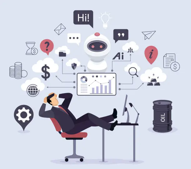 Vector illustration of New Business Concept. Technology and finance trends. Robot with character analyzing infographic. Artificial intelligence working for businessman . Relaxing Businessman in chair and legs on a desk.