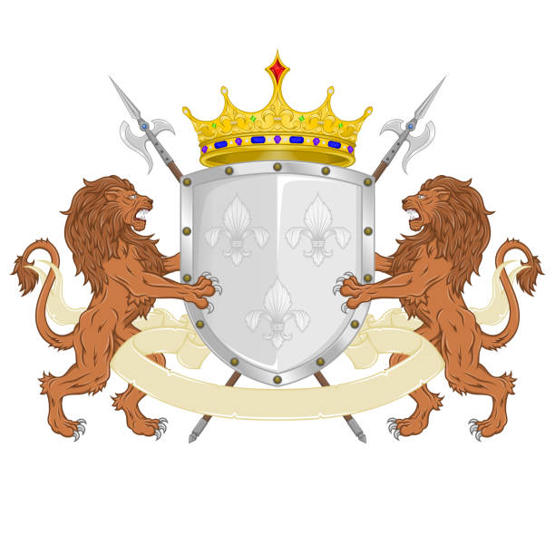 геральдический щит с двумя свирепыми львами - coat of arms nobility lion spain stock illustrations