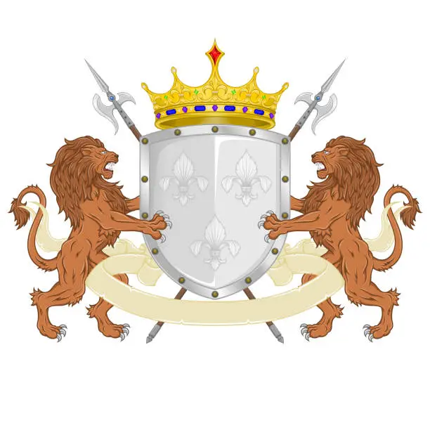 Vector illustration of Heraldic shield with two rampant lions