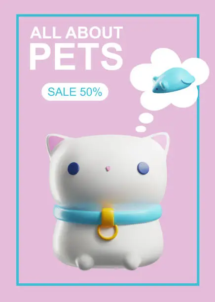 Vector illustration of Flyer with 3d rendering kitty and mouse, toys accessories and food pet store, cat care stuff cartoon vector illustration