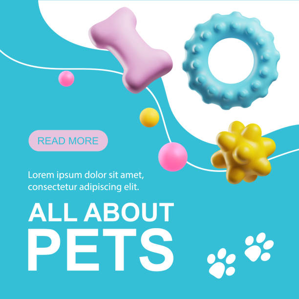 plakat tamplate z renderowaniem 3d zabawki i akcesoria do sklepu zoologicznego, wektor kot i pies słodki sklep reklamowy - silicone stock illustrations