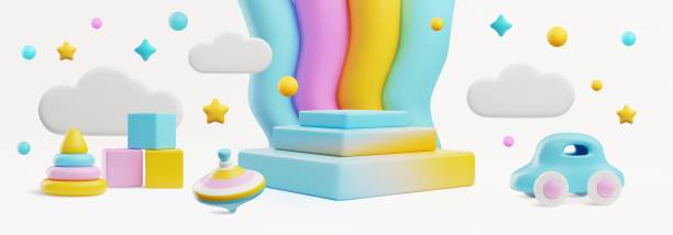 istock Baby toys in cute 3d style with rainbow and podium, vector illustration isolated on white background. Colorful spinning top, car, pyramide and cubes. 1582168267