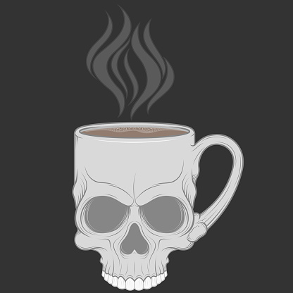 Illustration of skull shaped cup with hot coffee, hot drink in a human skull