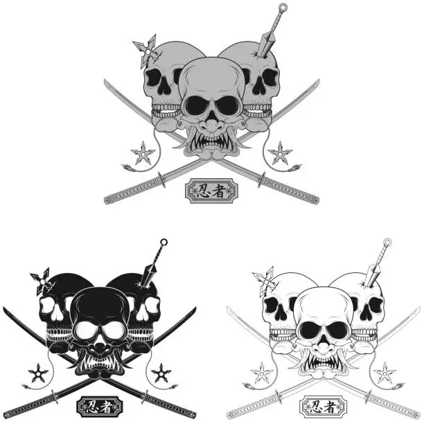 Vector illustration of Skull with hannya mask and katanas