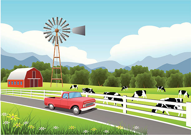 идиллический ферма сцены с грузовик на переднем плане макетом высотного здания. - farm fence landscape rural scene stock illustrations