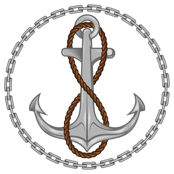 Vector illustration of Anchor and rope vector surrounded by chains