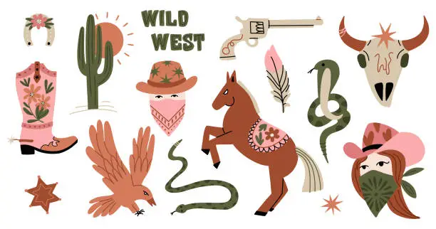 Vector illustration of Wild west. Western elements. American cowgirl and cowboy portrait. Horse and snake, cactus in desert, rodeo boots, gun and cow scull. Contemporary art vector cartoon flat isolated set