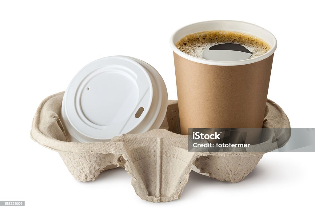 Inaugurado un café para llevar en soporte. Tapa está cerca de. - Foto de stock de Abierto libre de derechos