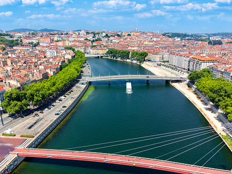 Aerial view of Lyon with Saone river in France