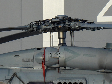 The rotors and engine of a Sikorsky MH-60R Seahawk helicopter, registration N48-013, named \