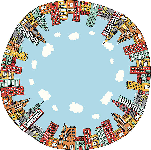 ilustraciones, imágenes clip art, dibujos animados e iconos de stock de partido de los edificios de la ciudad - ojo de pez ilustraciones