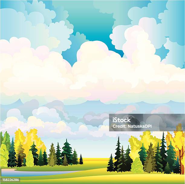 Ilustración de Paisaje De Otoño Con Nubes Y Los Árboles Prado y más Vectores Libres de Derechos de Agua - Agua, Aire libre, Amarillo - Color