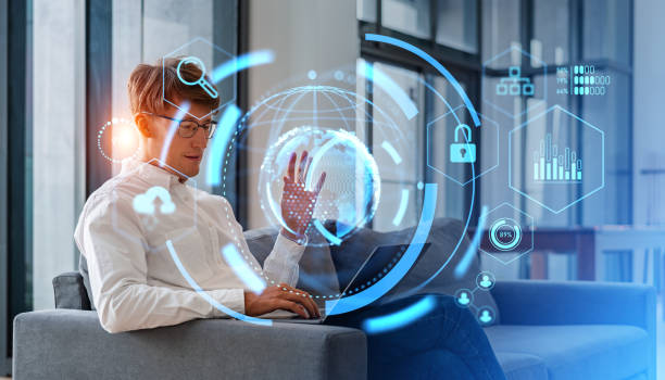 istock Businessman using laptop in office, global internet connection 1582267049
