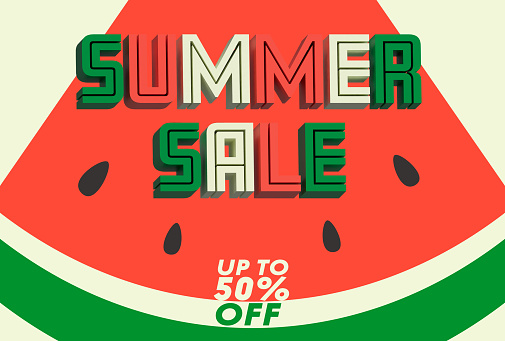 Summer Sale, Watermelon slice, 3D Letters. Promotion, Banner, Template. 3D Rendering, 3D Illustration.