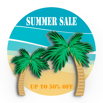 Summer Sale. Palm tree, 3D icon. 3D Rendering, 3D Illustration. Isolated on a white background.